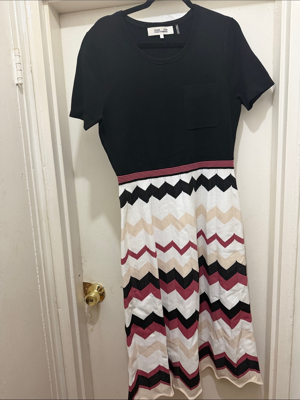 Black & Chevron Knit Midi Dress with Burgundy Accents